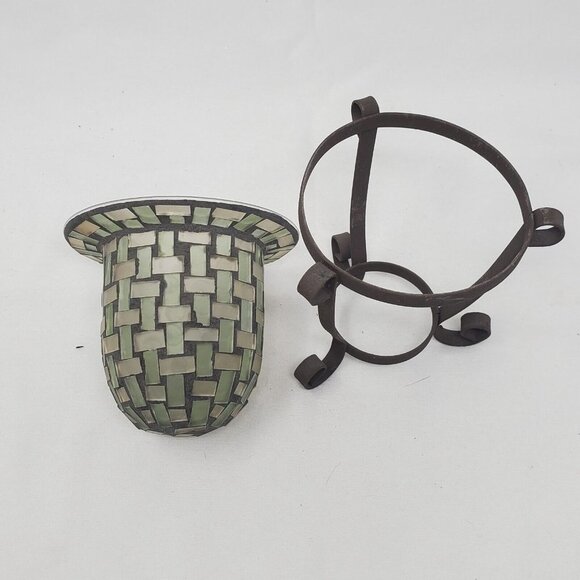 MOSAIC GLASS VOTIVE TEA LIGHT CANDLE HOLDER WITH BROWN METAL STAND - Picture 3 of 11
